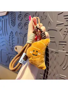 Cute Smiling Croissant Plush Pendant with Braided Rope Keychain