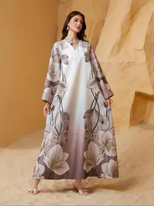 Luxurious Long Robe for Ramadan & Eid, Dubai Style Loose Fit Floral Embellished Abaya, Elegant Ethnic Pattern Dress for Muslim Gatherings, Floral Print Abaya, All-Season Evening Wear, Abayas For Eid