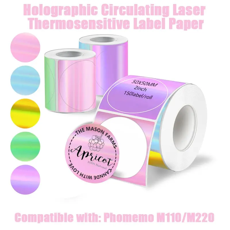 50x50mm Round Thermal Printing Labels, 5 Color Holographic Laser Paper, DIY Logo Design Stickers, Waterproof Adhesive, Durable High Quality, Customized Sticker, Custom Name Decal, Personalized Labels
