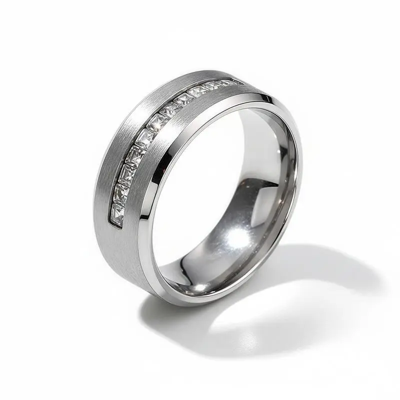 6mm & 8mm Titanium Beveled Diamond Ring, Elegant Metal Coating Daily Accessory, Stainless Steel Band with 9 Princess Cut Diamonds, Ideal Boyfriend Gift for Sizes #9-12 tiktokshopspringglowup, Princess Cut Rings, Rings,summerwins