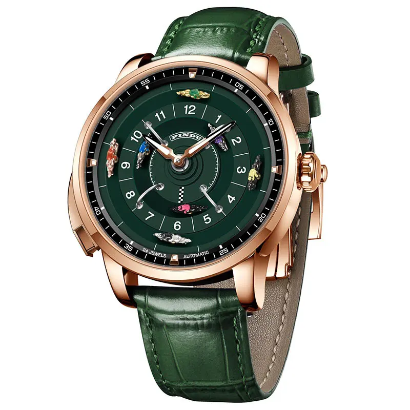 PINDU New Original Design Men's Competitive Horse Racing Mechanical Watch - NH35A Movement, Sapphire Crystal, Stainless Steel Case, Luminous Hands, Leather Strap, Casual Round Dial
