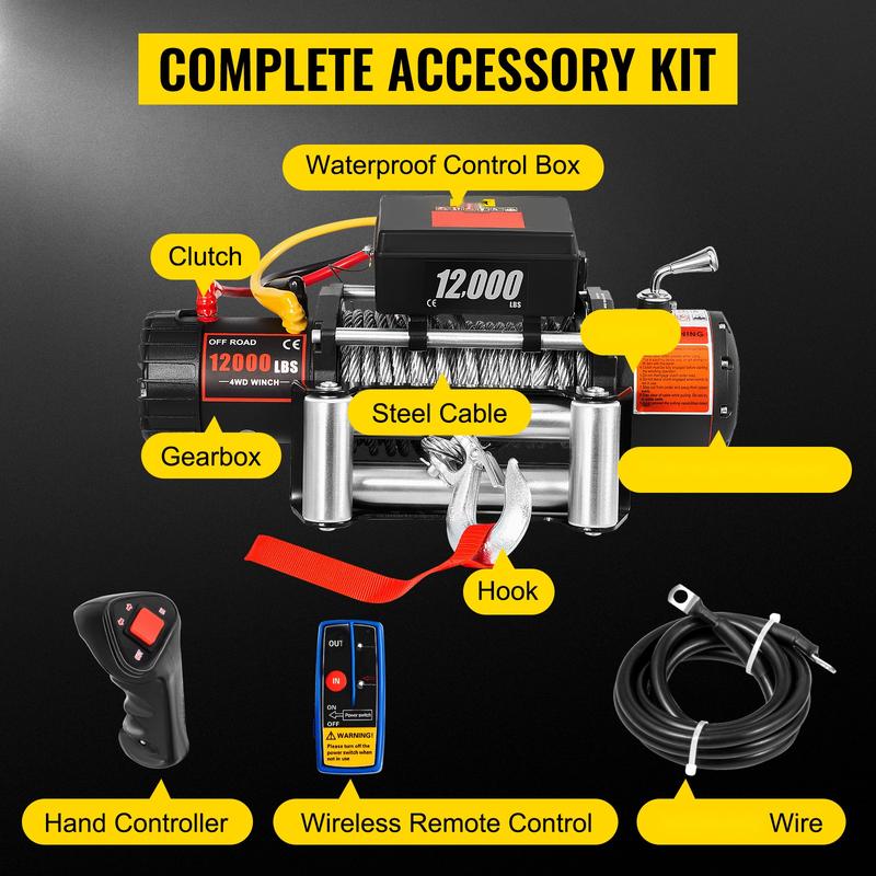 Heavy Duty Truck Winch 12000lbs Electric Winch With 85ft / 26m Steel Cable, 12V Power Winch For Jeep, UTV, ATV And Truck, Wireless Remote Control, High Torque Motor, Durable All Metal Gearbox And Marine Grade Construction