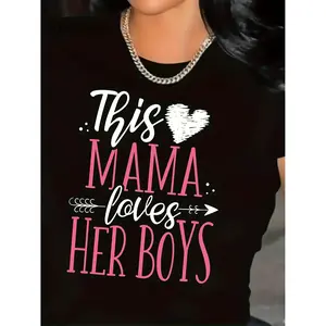 1pc Women's Casual T-Shirt, Round Neck Short Sleeve, This Mom Loves Her T-Shirt- Mom Pattern T-Shirt with Heart Symbol, Soft Round Neck Short Sleeve Shirt, Suitable for Moms, Daily Casual Wear and Birthday Gift