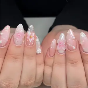 24pcs Almond Shape Nail Tips, Transparent Gradient, Sakura Decor & Pearl Sparkle, Nail Art Diy, Nail Art Design, Daily Commute & Date Wear, Includes Nail File & Jelly Strip