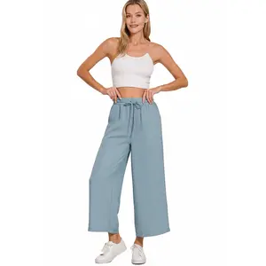 Zenana Woven Crepe Drawstring Elastic Band Waist Cropped Pants