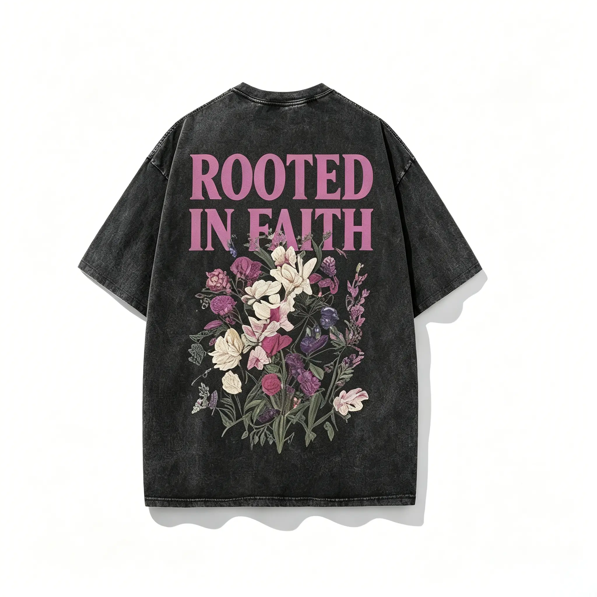 Unisex Y2K Rooted In Faith Letter Floral Double Sided Print Loose Washed Tee, American Vintage Crew Neck Botanical Scripture Graphic Print T-Shirt, Soft Girl Streetwear Church Casual Daily Tops Faith Bohemian Aesthetic Style Top