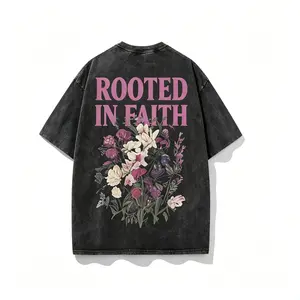Rooted In Faith Floral Graphic Oversized T Shirt Women Vintage Washed Christian Letter Print Drop Shoulder Casual Streetwear Tee