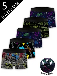 5 Random Men's Boxer Briefs in Colorful Game Controller Style, Breathable Comfort Design for Daily Wear, Fitted Casual Underwear for Men and Teens, Soft Breathable Briefs