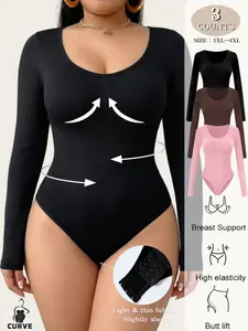 Women's Plus Size Round Neck Long Sleeve Bodysuit, Womenswear, Basic, Abdominal Control, Seamless Ribbed Design, Comfortable Skin-Friendly, All Seasons Wear, Underwear, Fitted