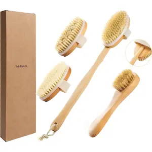 Dry Brushing Body Brush Set with Long Handle, Natural Boar Bristle Body & Face Brush, Wooden Detachable Scrub Brush, 3 Brush Heads for Exfoliating & Body Care