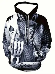 Men's 3D Skull Print Hoodie, Long Sleeve Casual Fitted Pullover, Drawstring Pocket Design, Spring & Fall Fashion Sweatshirt