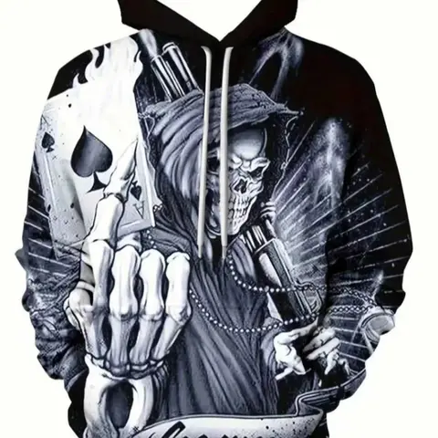 Men's 3D Skeleton Print Hoodie, Casual Fitted Long Sleeve Pullover with Drawstring & Kangaroo Pocket, Hooded Sweatshirt for Spring & Fall