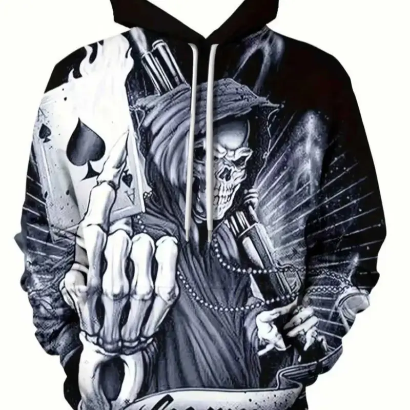 Men's 3D Skeleton Print Hoodie, Casual Fitted Long Sleeve Pullover with Drawstring & Kangaroo Pocket, Hooded Sweatshirt for Spring & Fall