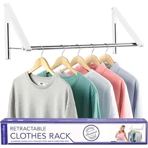 Double Foldable Clothing Rack w/Extension Rod, Wall-Mounted Retractable Clothes Hanger for Laundry Dryer Room, Hanging Drying Rod, Small Collapsible Folding Garment Racks, Dorm Accessories (White)