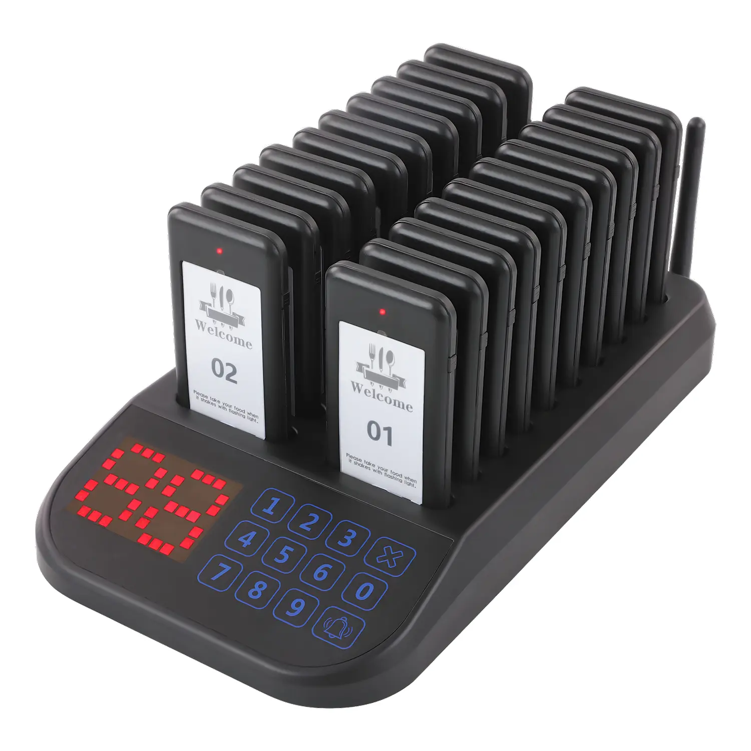 LOUKIENE Restaurant Pager System, 20 Pagers, Wireless Calling System Replaceable Stickers, Vibration Flash and Buzzer, Mute Button, 984ft Range, for Queue in Churches Hospital Hotel Bar Eatery