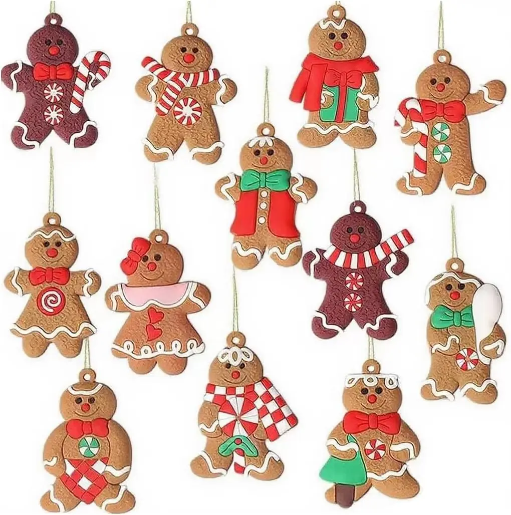 12PCS Gingerbread Man Hanging Ornaments - Assorted Xmas Figurines, Christmas Tree & Home Decor