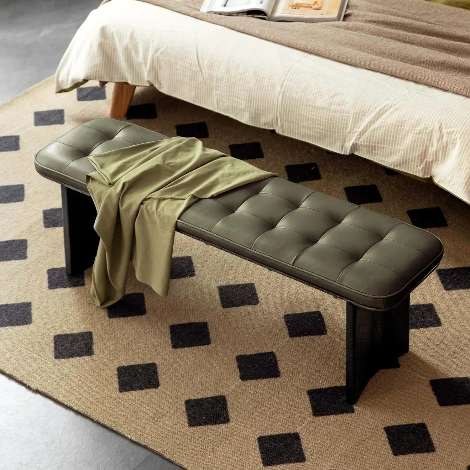 YESWOOD 47.2'' Leather Upholstered Dining Bench with Legs & Green Cushion, Solid Oak Long Bench for Dining Table, Wood Entryway Leather Padded Tufted Bench for End of Bed Bench for Bedroom Living Room