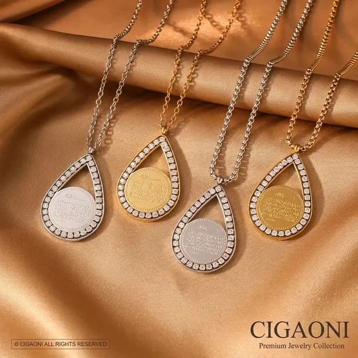 Wholesale 316L Stainless Steel Arabic Calligraphy Teardrop Necklace Islamic Ayatul Kursi CZ Tarnish Resistant Ready to Ship