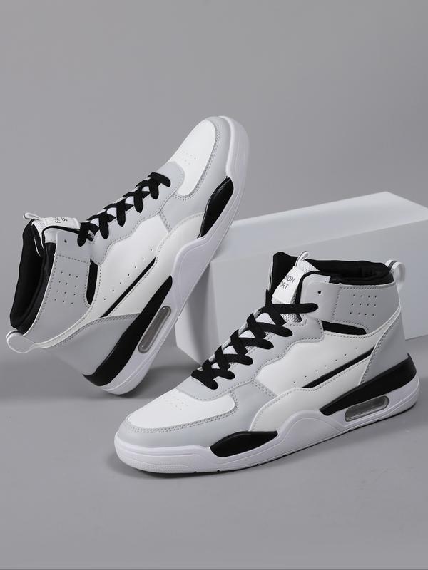 High Top Men's Stylish Basketball Shoes, Casual, Comfortable Breathable Lace-Up, Air Cushion Sole, Patchwork Design, PU Leather, All Seasons