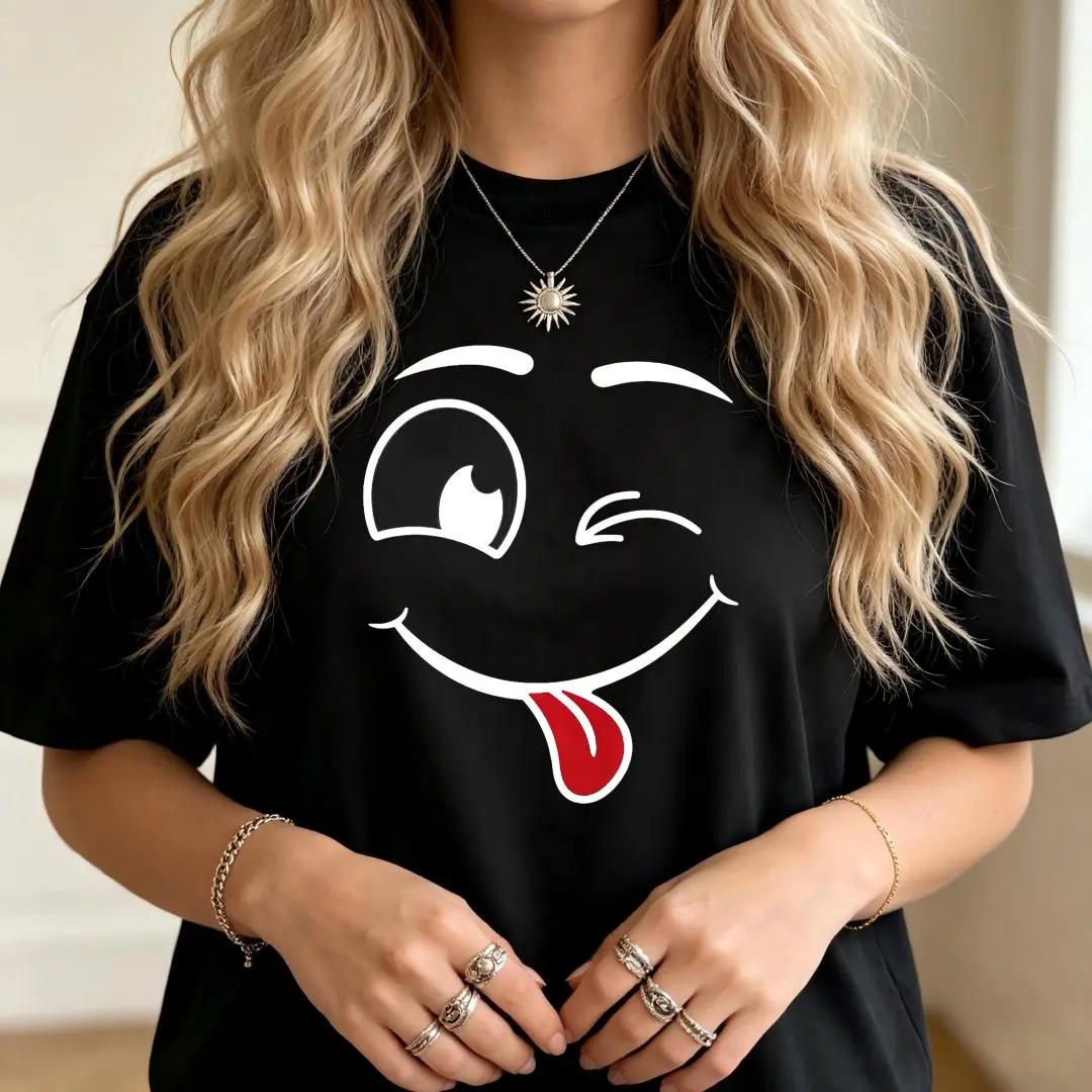 Women's Winking Face With Tongue Out Oversized Drop Shoulder Crew Neck Tee, 100% Soft Cotton Relaxed Fit Basic Top, Black & White Streetwear Essential For Daily Layering