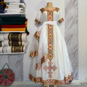 Ethiopia Traditional Dress Habsha Dress Cotton Material Casual Style for Women እጅ ጥልፉ