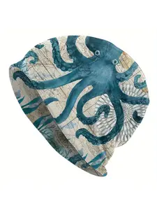 Men'S Vintage Octopus Beanie - Stylish Hat with Tentacle Design, Black & White Octopus Print, Casual Polyester Ski Cap for Outdoor Adventure