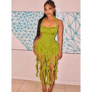 Women’s plain ribbon fabric halter neck bodycon dress with ruffle hem; chic backless sleeveless ruched mini dress for parties, clubs, and dates; ladies’ summer clothing; women’s dresses; womenswear; formal statement dress