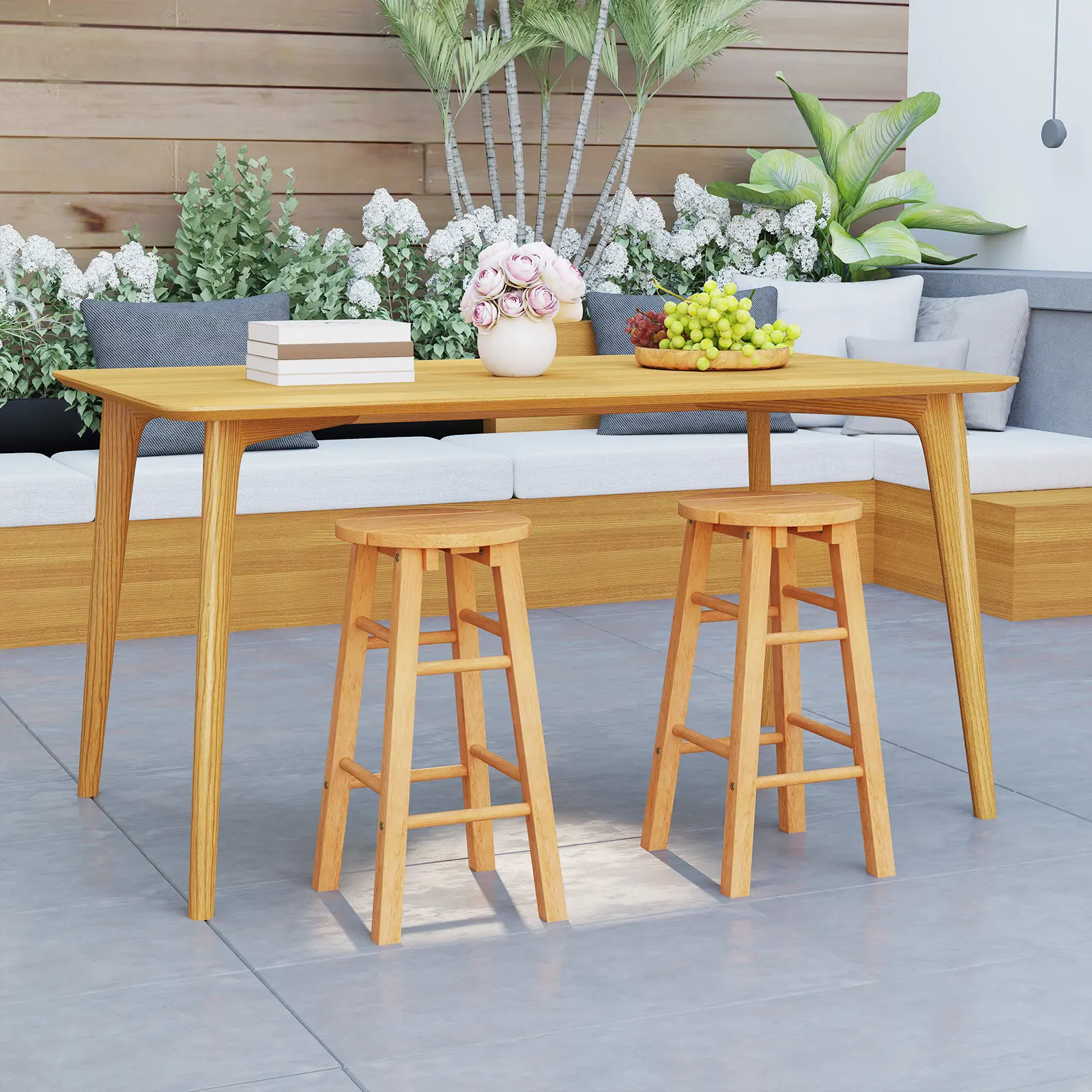 COSTWAY - 24-Inch Outdoor Wood Bar Stools Set of 2 with Round Seat and Footrest