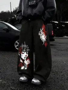 Men's Trendy Dark Aesthetic Thorns Priest Sweatpants, Loose Wide Leg, Print Details, Street Style, All Seasons