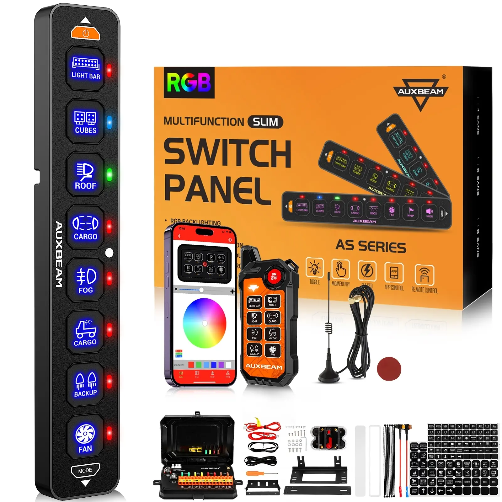 AUXBEAM 8 Gang Slim Bluetooth RGB AS-800 DIY Switch Panel with APP Remote Control, Group Setting,Toggle/Momentary/Pulsed Functions, Manual Backlit Off, Reverse Polarity Protection, 12-24V Waterproofing, 2 Button Batteries for Offroad Vehicles, TwoButton
