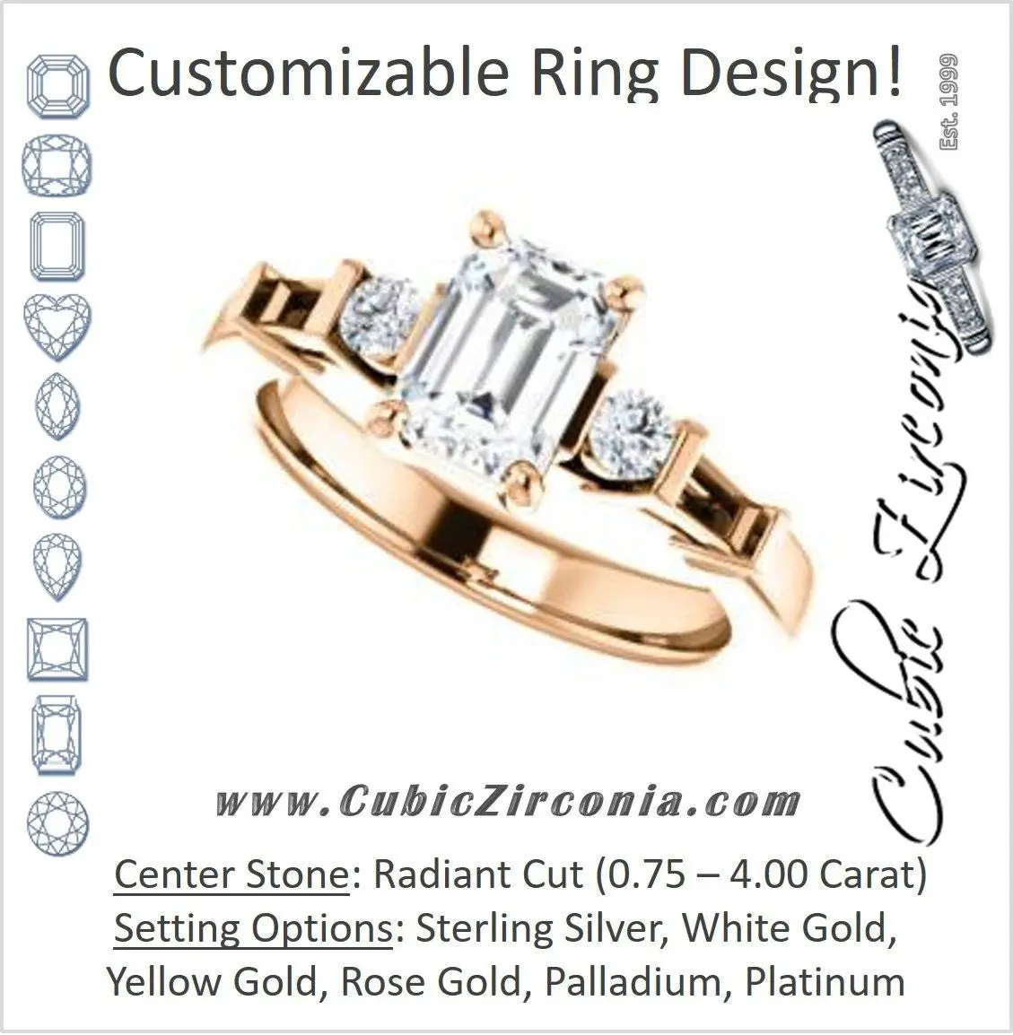 Cubic Zirconia Engagement Ring- The Sarah (Customizable 5-stone Design with Radiant Cut Center and Baguette/Round Bar-set Accents)