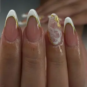 24pcs Medium Almond Nail Set, French Press-On Nails, Glossy Acrylic False Nails, Easy Wear, Perfect for Women and Girls