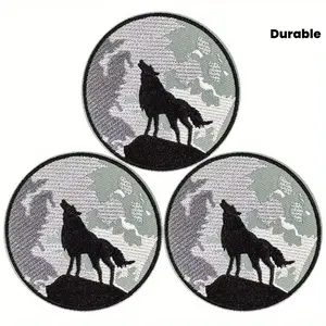 3Pcs Wolf Motif Midnight Embroidered Tactical Patches - Animal Theme, Round Shape, Geometric Applique, Heat-Sealed Backing, Iron-On/Sew-On DIY Morale Badges for Patch Collectors