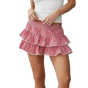 Womens Tiered Ruffled Short Skirts Plaid Print Smocked Waist Lacy Trim Cute Mini Skirts