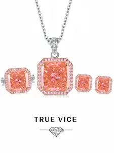 "Peach Pink Orange Frame • Sweet Cool Set" Padparadscha high-carbon diamond ice-cut set, stylish luxury colored gem 3-piece set (ring, earrings & necklace). Ideal gift for dates, perfect for daily wear, vacations & banquets.