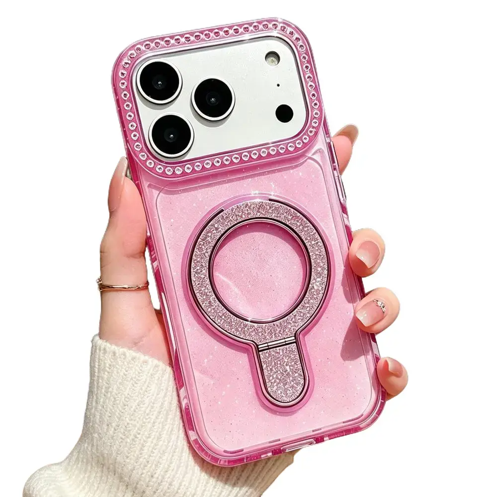 Pink Glitter Rhinestone Smartphone Case for iPhone Series (17 Air,16,15,14 Plus,13,12,11 Pro Max) - TPU+PC Soft Cover with Diamond Edge, Ring Kickstand, Drop-Proof Shockproof Protection, Trendy Gift BZZJC260727003