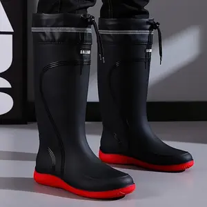 Outdoors Fashionable High-Top Rain Boots for Men - Casual Solid Color All-Season Slip-On PVC Rain Footwear with Waterproof Drawstring Closure, Fabric Lining, and Non-Slip PVC Sole