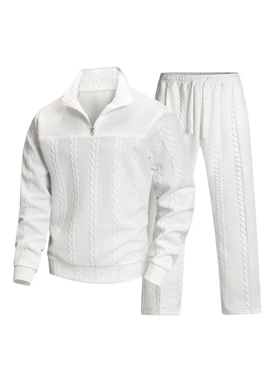 Men’s 2-Piece Textured Polyester Blend Athleisure Clothing Set - Vertical Cable Chevron Jacquard Weave Half-Zip Stand Collar Long-Sleeve Sweatshirt & Elastic Drawstring Straight-Fit Pants, Soft Lightweight Smart Casual Outfit for Daily Office, Leisure, Gy