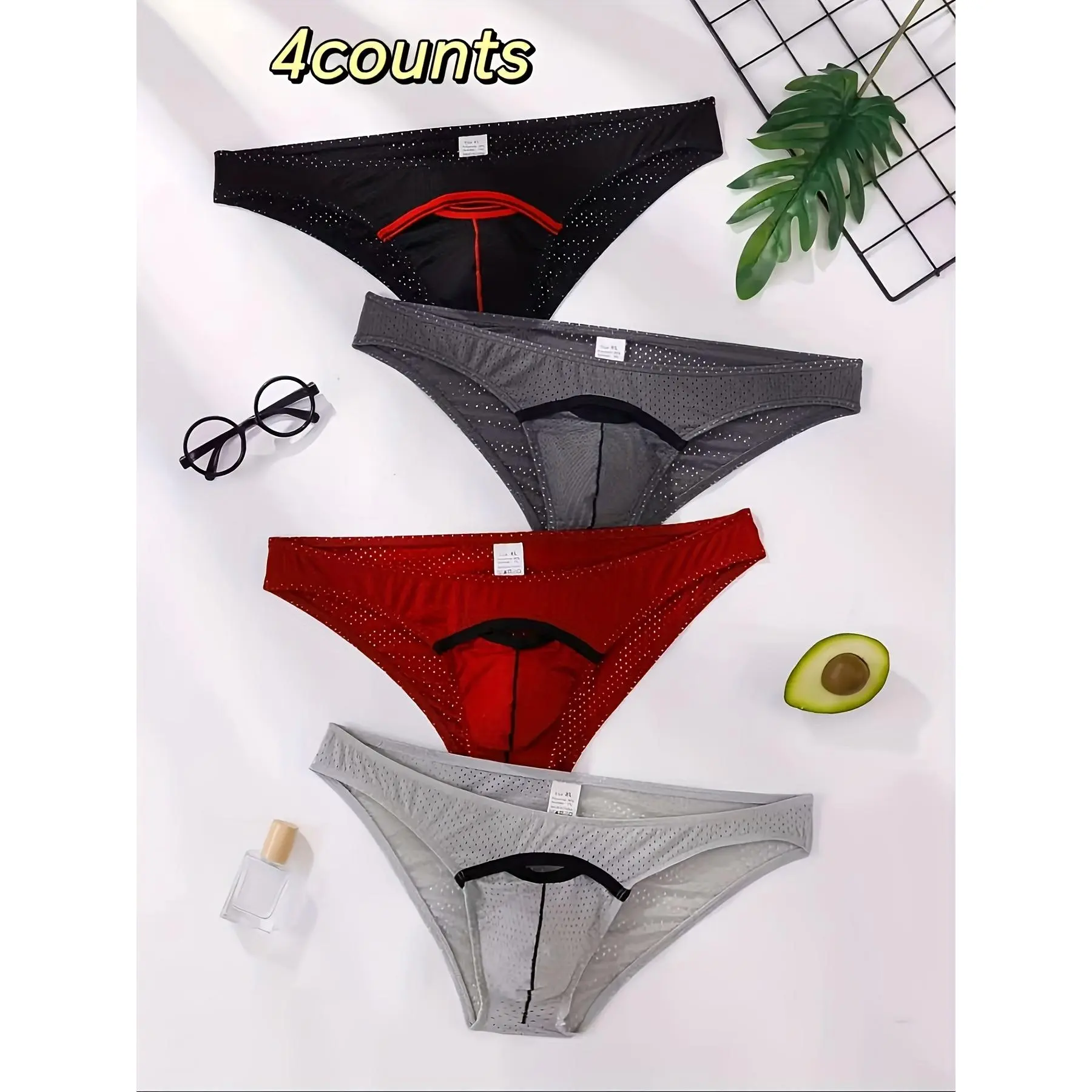 [Shear Boxer Briefs] 4pcs Men's Ice Sliky Fiber Underwear - Semi-Transparent Shear Boxer Briefs with U-Cup Pouch, Comfortable Stretch Fit & Breathable Mesh, Machine Washable Solid Color Casual & Athletic Wear
