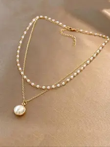 Elegant French Style Faux Pearl Necklace, Vintage Two-Layer Stainless Steel Chain, Dainty Layering Jewelry, Versatile Party Jewelry for Women, Layered Necklaces