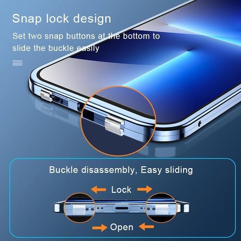 360°Full Protected Metal Magnetic Double-Sided Glass Snap Lock Phone Case For iPhone 16 Pro Max 14 13 12 15 Pro Max Bumper Cover