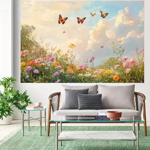 2D Flat, 1pc Spring Meadow & Butterfly Backdrop - Large Rollable 2D Flat Banner with Multicolor Pink Yellow Blue Flowers, Green Foliage & Butterflies for Weddings, Birthdays, Showers - Easy Se