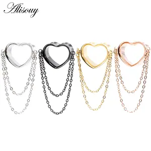 Alisouy 2PCS Stainless Steel Heart Love Double Chains Pendant Ear Plugs Tunnels Expander Stretcher Gauges Body Piercing Jewelry