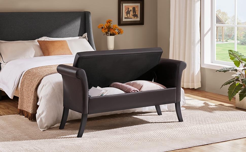 Yaheetech 52in Storage Bench Ottoman Bench Tufted Entryway Bench with Rolled Armrests Footstool with Large Storage, Fabric/Faux Leather Yaheetech 52in Storage Bench Ottoman Bench Tufted Entryway Bench with Rolled Armrests Footstool with Large Storage, Fabric/Faux Leather
