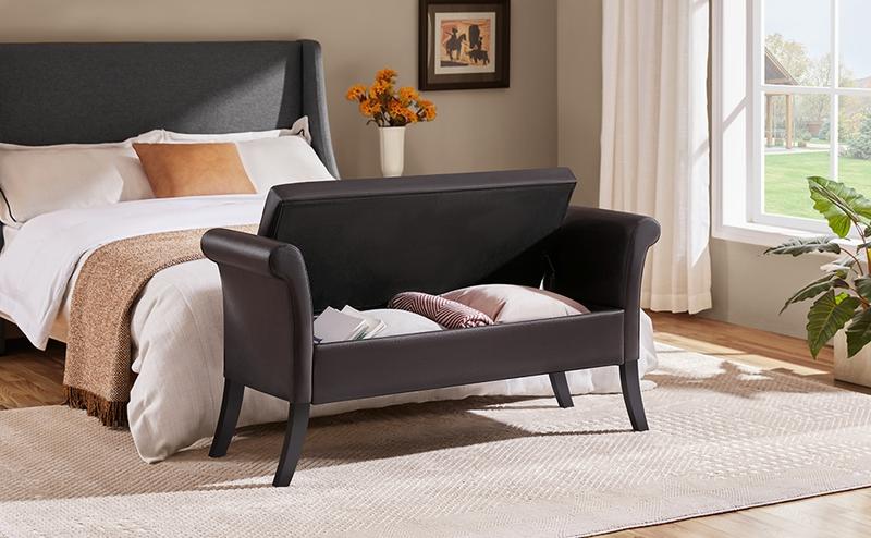 Yaheetech 52in Storage Bench Ottoman Bench Tufted Entryway Bench with Rolled Armrests Footstool with Large Storage, Fabric/Faux Leather