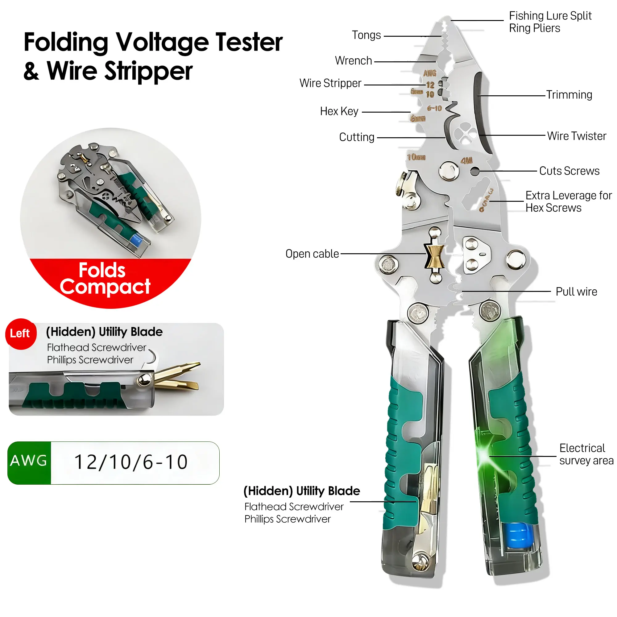 ​​16 in 1 Professional Multi - Function Pliers with Flathead & Phillips Screwdrivers, Wire Spooler, Wire Stripper, Crimper, Hex Key Wrench, Bolt Cutter, Voltage Tester, Cable Cutter, Puncture Knife, Precision Wire Cutter, Hex Socket, Insulated Grip outdoo