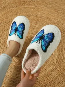 Autumn Winter Butterfly Cotton Slippers, Couple Fashion Home Shoes, Thick Warm Non-Slip Plush Slippers for Men & Women, Butterfly Decorated Slides