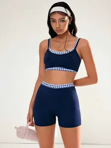 SLAYAURA Yoga Women's Yoga Plaid Patchwork Camisole And Shorts 2 Pieces Set Comfortable Navy Blue Gingham Pattern High Rise