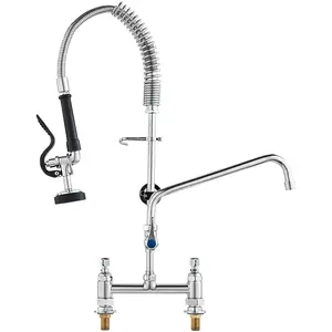 【Summervibes】VEVOR Commercial Faucet with Pre-Rinse Sprayer, 26" Height, 8" Center, 12" Swing Spout, Deck Mount Kitchen Sink Faucet, Brass Constructed Device with Pull Down Spray, for 1/2/3 Compartment Sink