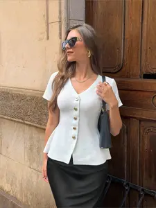 Women's French Style White V-Neck Short Sleeve Knit Top, Single Gold Button Peplum Blouse, Slimming & Waist Cinching Design, Soft Skin-Friendly Fabric, Basic, Perfect for Daily Commute, Dates & Business Casual, Versatile Fashionable Knitw
